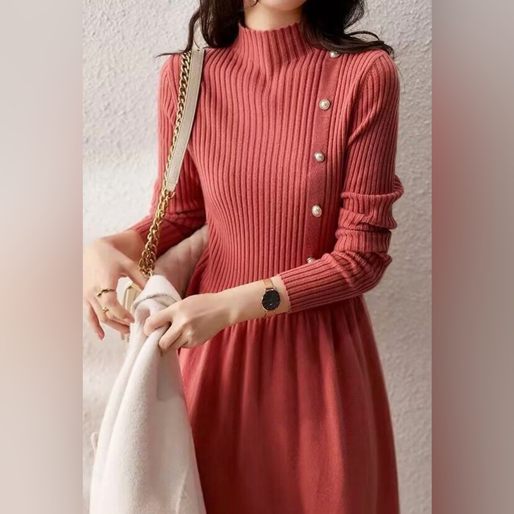 ✨💗 Pink Ribbed Mock Neck Sweater Dress Gold Button Detail‎ 💗✨
